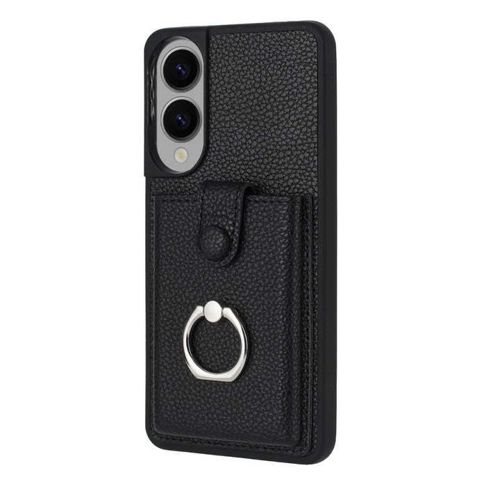 For Samsung Galaxy S25 Edge Case with Ring Kickstand Drawing Type Card Slots Leather Back Cover - Black - 2