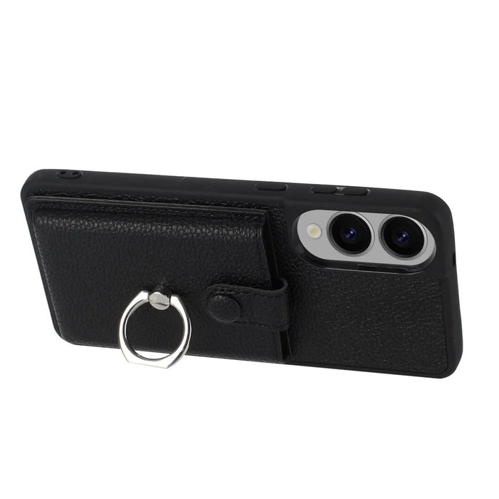 For Samsung Galaxy S25 Edge Case with Ring Kickstand Drawing Type Card Slots Leather Back Cover - Black - 3