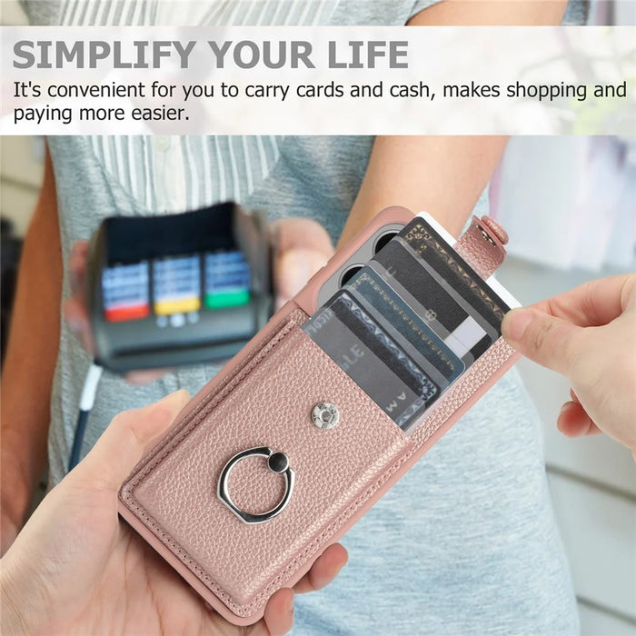 For Samsung Galaxy S25 Edge Case with Ring Kickstand Drawing Type Card Slots Leather Back Cover - Black - 6
