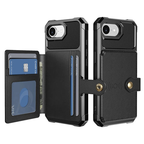 For iPhone 17e / 16e Case with Card Holder PU Leather + TPU Phone Back Cover - Black - 1