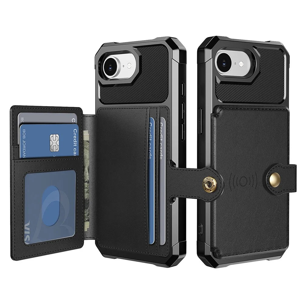 For iPhone 17e / 16e Case with Card Holder PU Leather + TPU Phone Back Cover - Black - 1