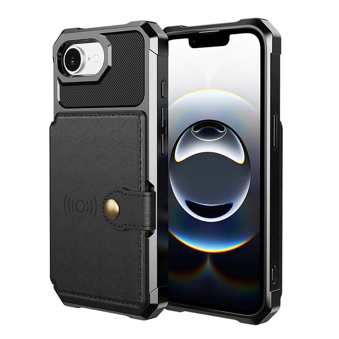For iPhone 17e / 16e Case with Card Holder PU Leather + TPU Phone Back Cover - Black - 2