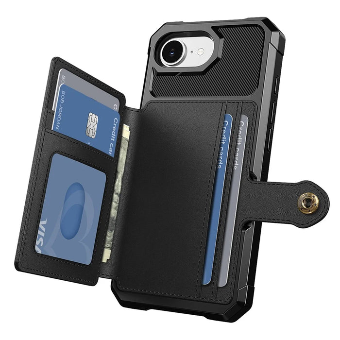 For iPhone 17e / 16e Case with Card Holder PU Leather + TPU Phone Back Cover - Black - 3