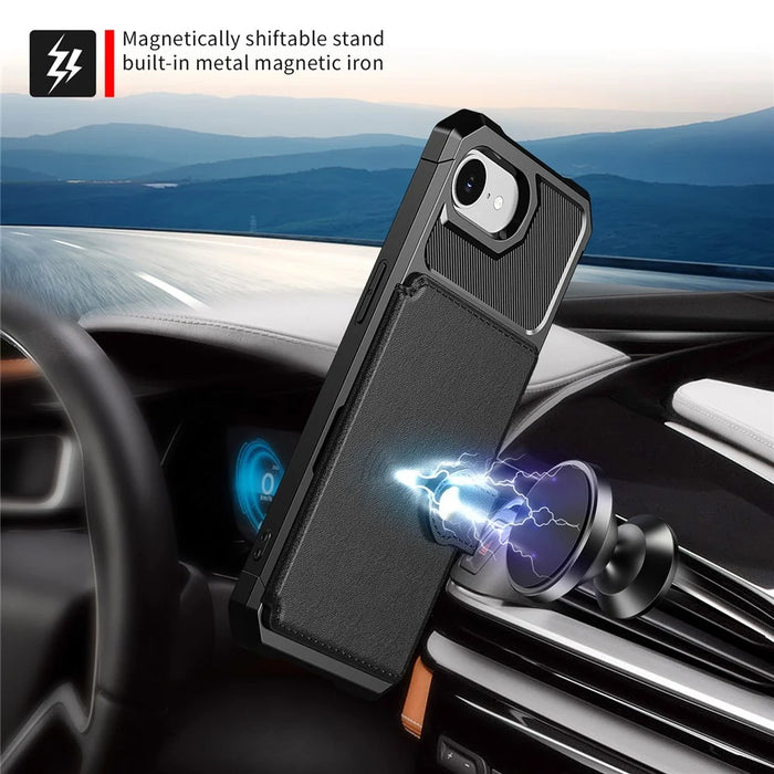 For iPhone 17e / 16e Case with Card Holder PU Leather + TPU Phone Back Cover - Black - 4