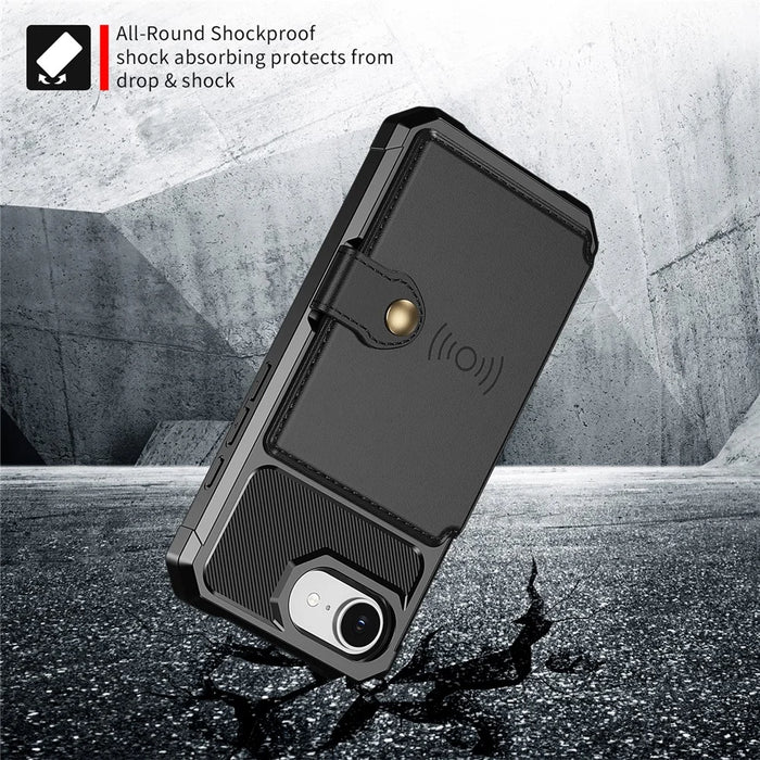 For iPhone 17e / 16e Case with Card Holder PU Leather + TPU Phone Back Cover - Black - 5
