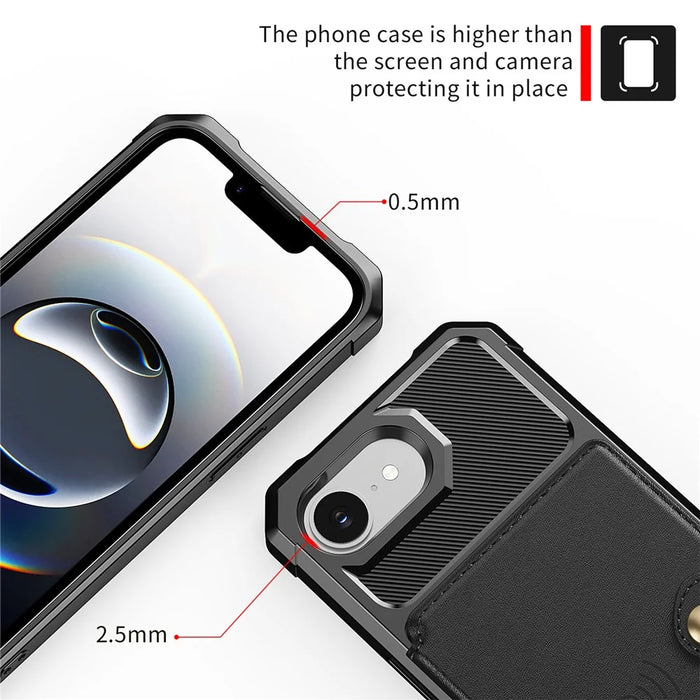 For iPhone 17e / 16e Case with Card Holder PU Leather + TPU Phone Back Cover - Black - 7