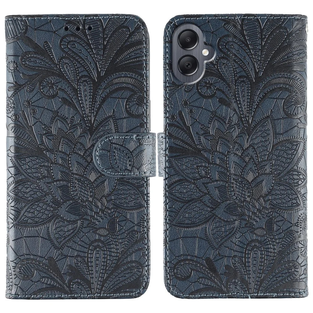 For Samsung Galaxy A05 4G Case Lace Flowers PU Leather Flip Wallet Phone Cover - Dark Blue - 1
