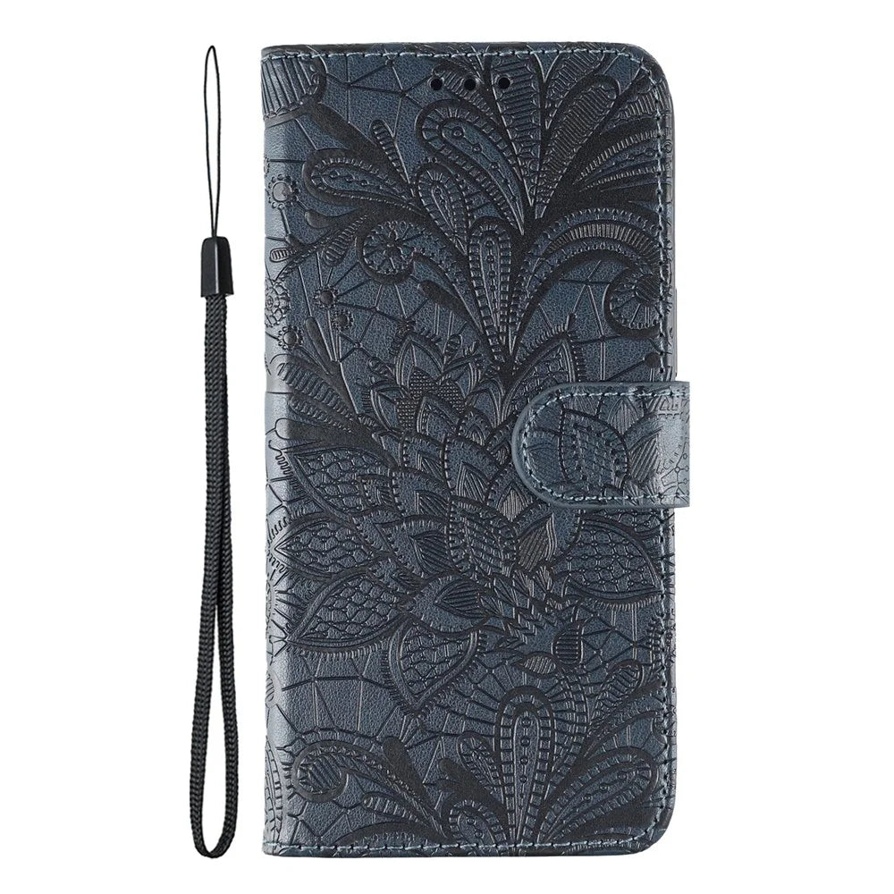 For Samsung Galaxy A05 4G Case Lace Flowers PU Leather Flip Wallet Phone Cover - Dark Blue - 4