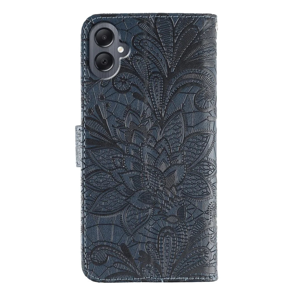 For Samsung Galaxy A05 4G Case Lace Flowers PU Leather Flip Wallet Phone Cover - Dark Blue - 5