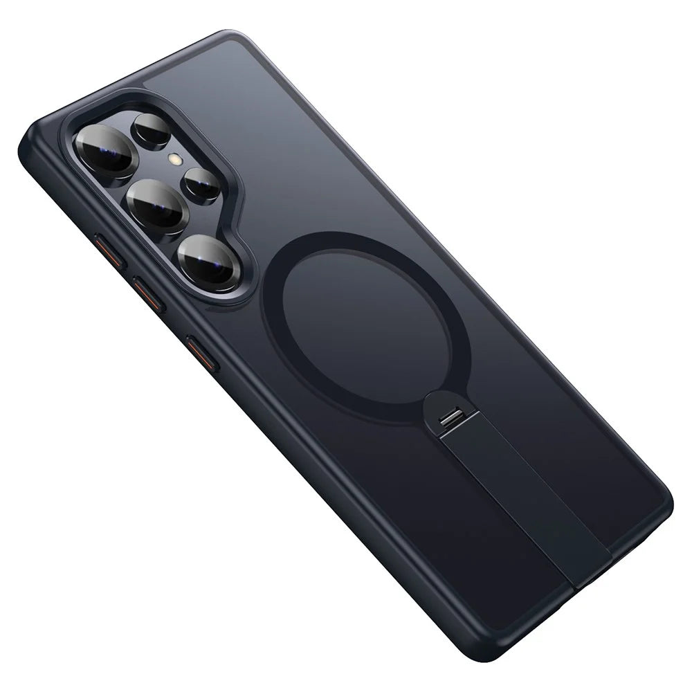 For Samsung Galaxy S25 Ultra Magnetic Case Rotating Straight Kickstand TPU + PC Matte Phone Cover - Black - 1