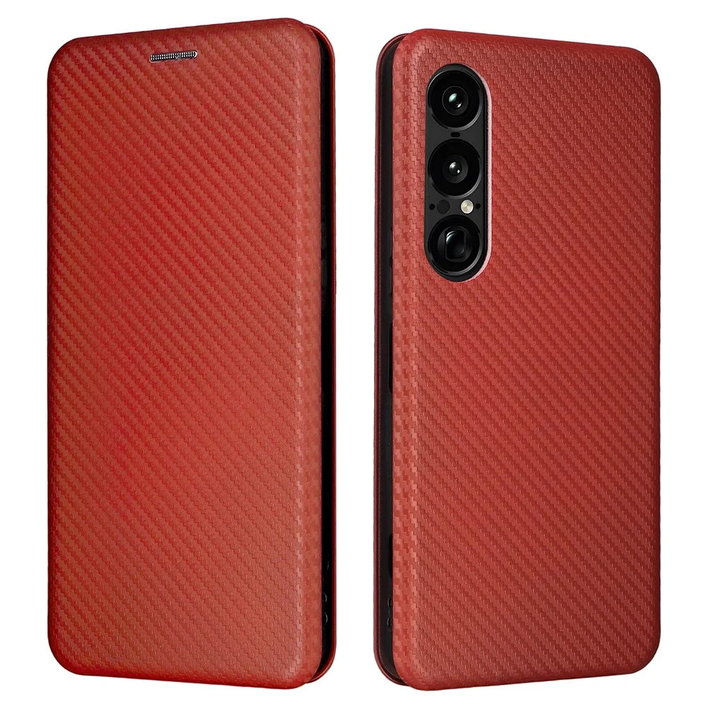 For Sony Xperia 1 VII Case Carbon Fiber Texture Drop-Proof PU Leather Phone Cover - Brown - 1