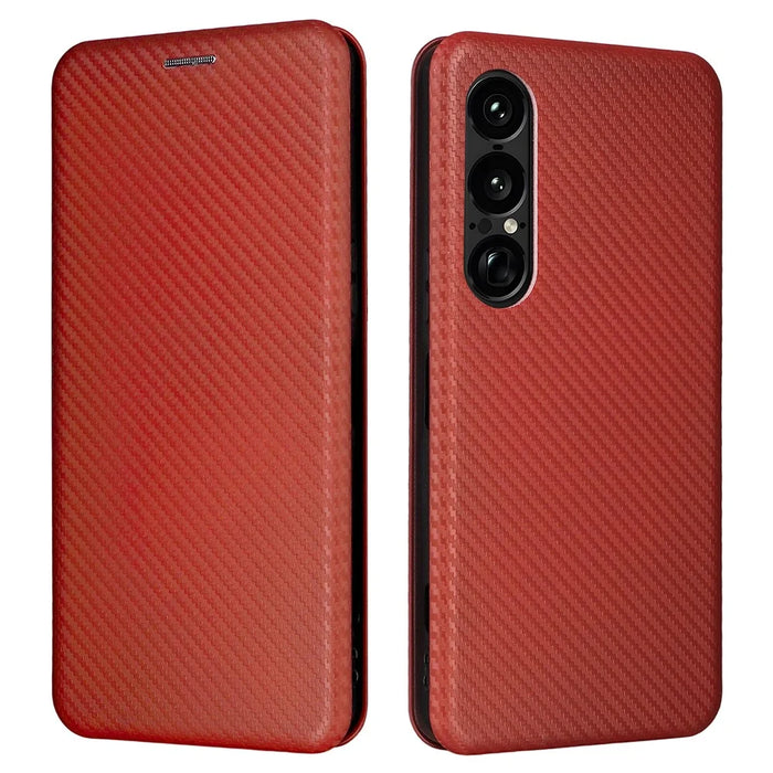 For Sony Xperia 1 VII Case Carbon Fiber Texture Drop-Proof PU Leather Phone Cover - Brown - 1