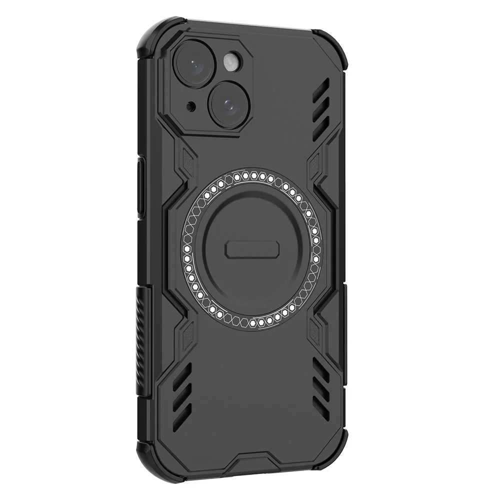 For iPhone 15 Magnetic Case Butterfly Armor Hollow Heat Dissipation PC + TPU Phone Cover - Black - 1