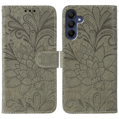 For Samsung Galaxy A36 5G Case Lace Flowers PU Leather Flip Wallet Phone Cover - Grey - 1