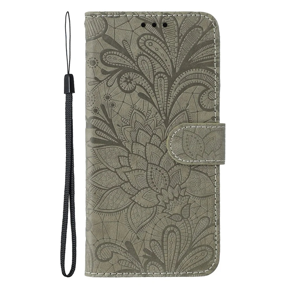 For Samsung Galaxy A36 5G Case Lace Flowers PU Leather Flip Wallet Phone Cover - Grey - 4