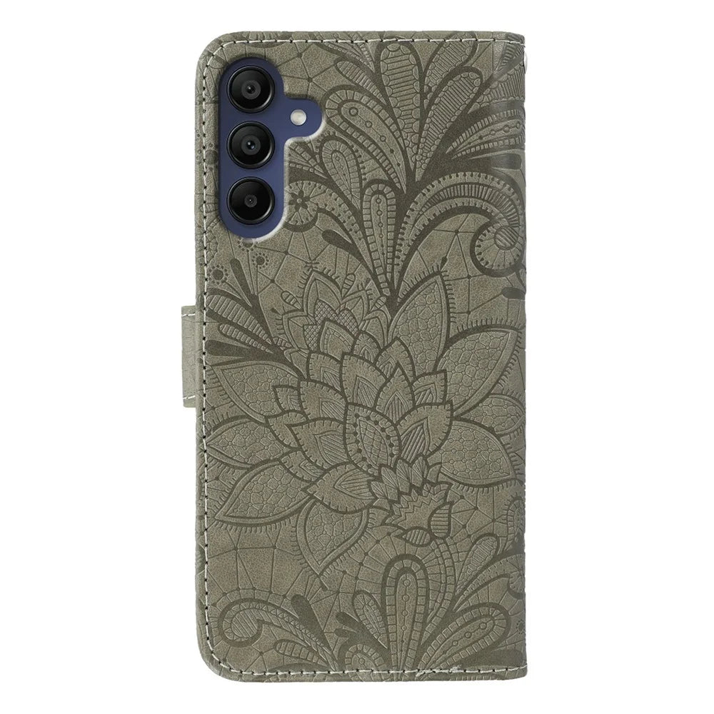 For Samsung Galaxy A36 5G Case Lace Flowers PU Leather Flip Wallet Phone Cover - Grey - 5