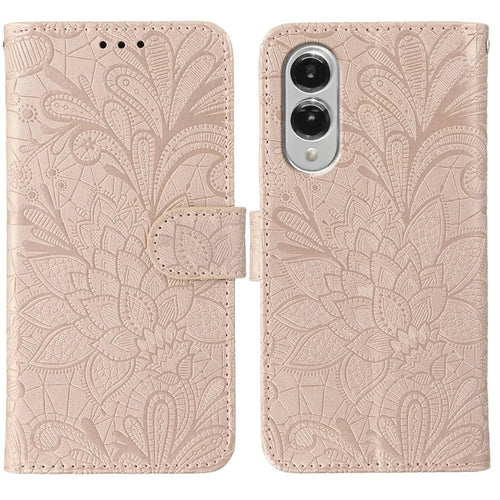 For Samsung Galaxy S25 Edge Case Lace Flowers PU Leather Flip Wallet Phone Cover - Rose Gold - 1
