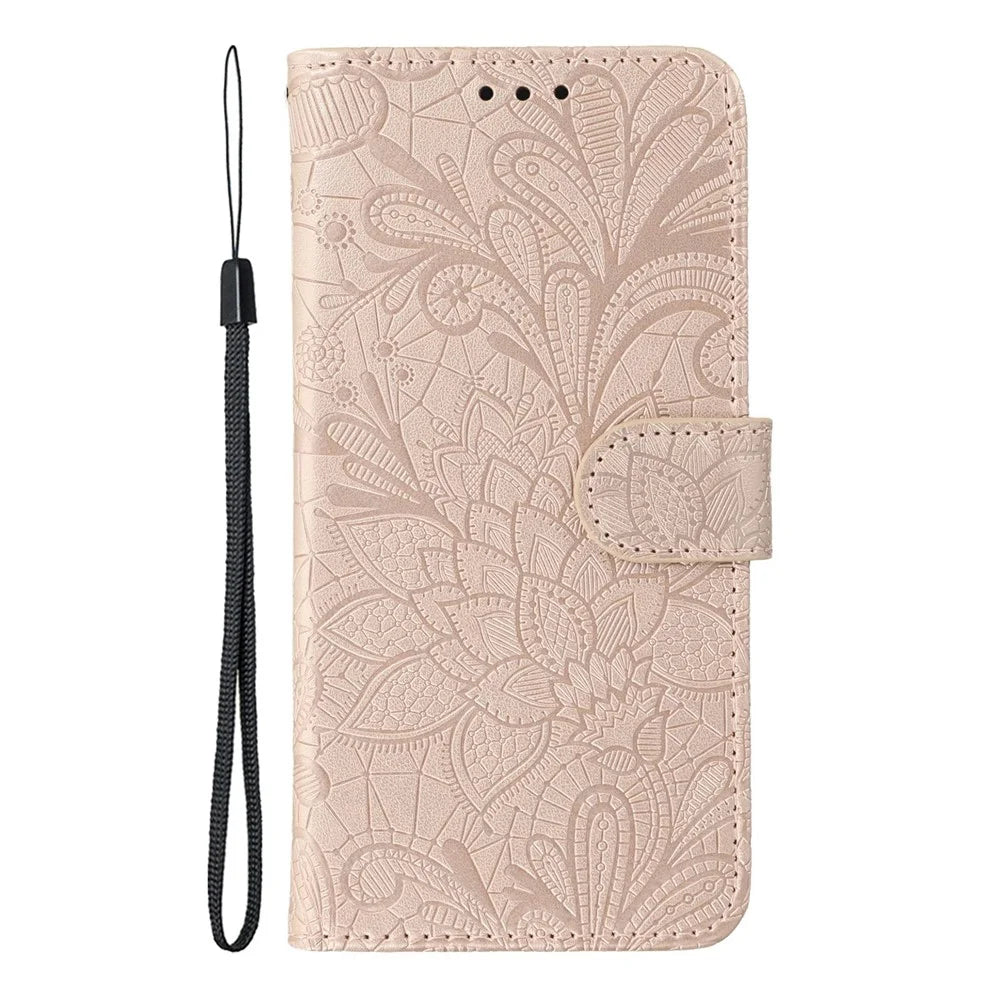 For Samsung Galaxy S25 Edge Case Lace Flowers PU Leather Flip Wallet Phone Cover - Rose Gold - 4