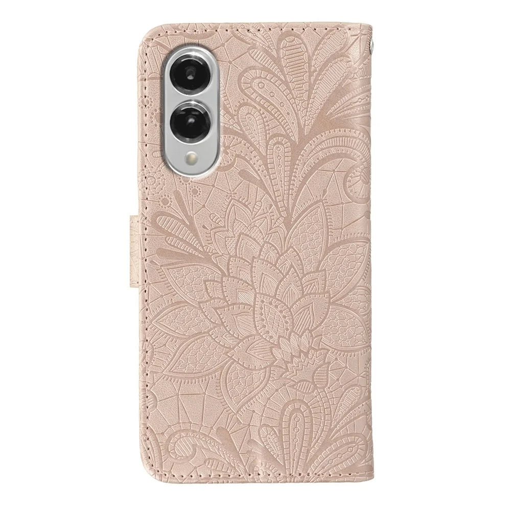 For Samsung Galaxy S25 Edge Case Lace Flowers PU Leather Flip Wallet Phone Cover - Rose Gold - 5