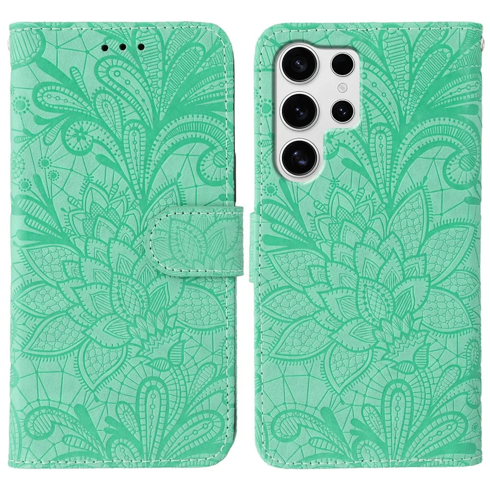 For Samsung Galaxy S25 Ultra Case Lace Flowers PU Leather Flip Wallet Phone Cover - Green - 1