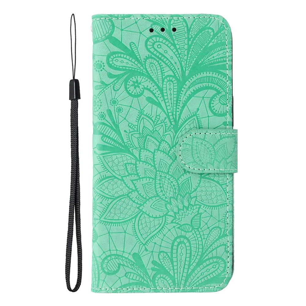 For Samsung Galaxy S25 Ultra Case Lace Flowers PU Leather Flip Wallet Phone Cover - Green - 4