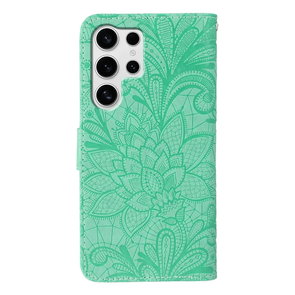 For Samsung Galaxy S25 Ultra Case Lace Flowers PU Leather Flip Wallet Phone Cover - Green - 5