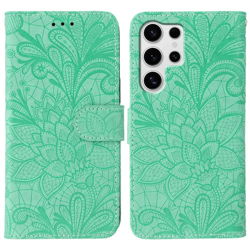 For Samsung Galaxy S24 Ultra Case Lace Flowers PU Leather Flip Wallet Phone Cover - Green - 1