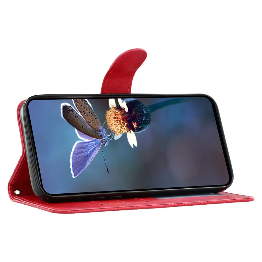 For Samsung Galaxy Xcover7 Case Lace Flowers PU Leather Flip Wallet Phone Cover - Red - 3