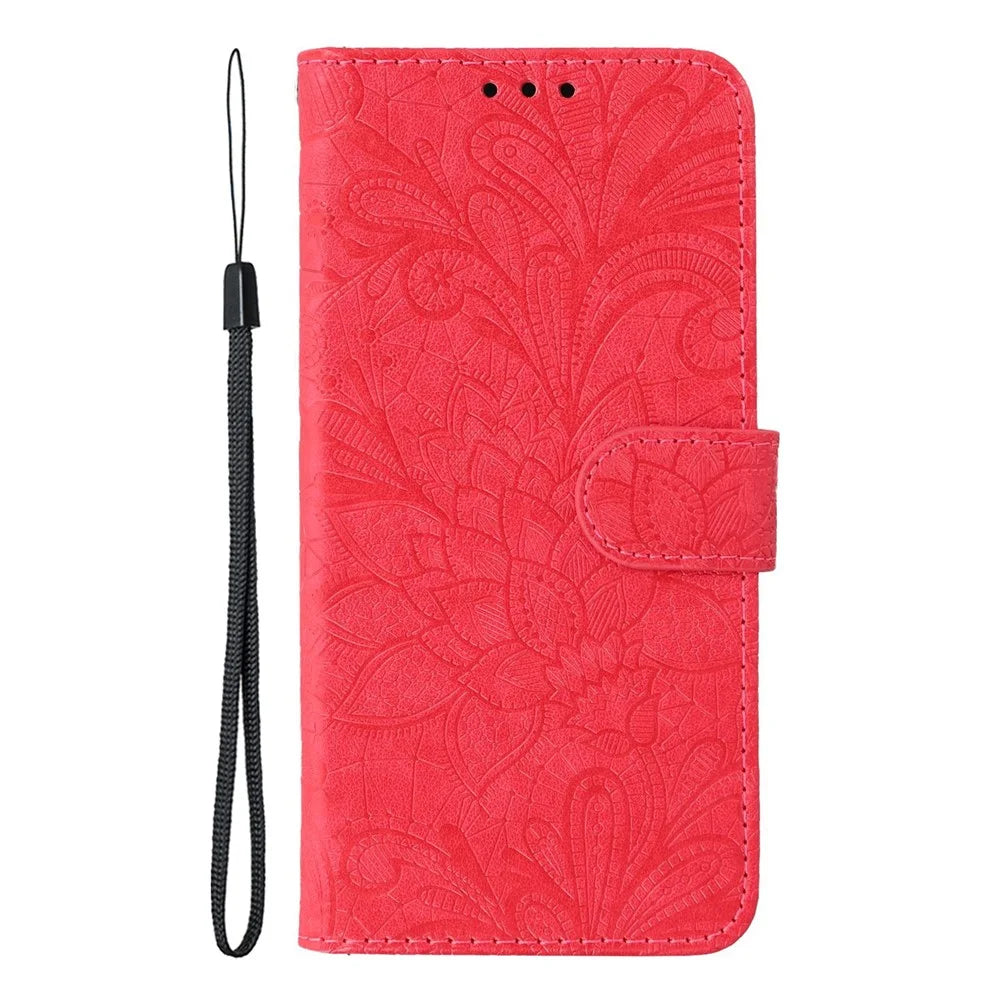 For Samsung Galaxy Xcover7 Case Lace Flowers PU Leather Flip Wallet Phone Cover - Red - 4