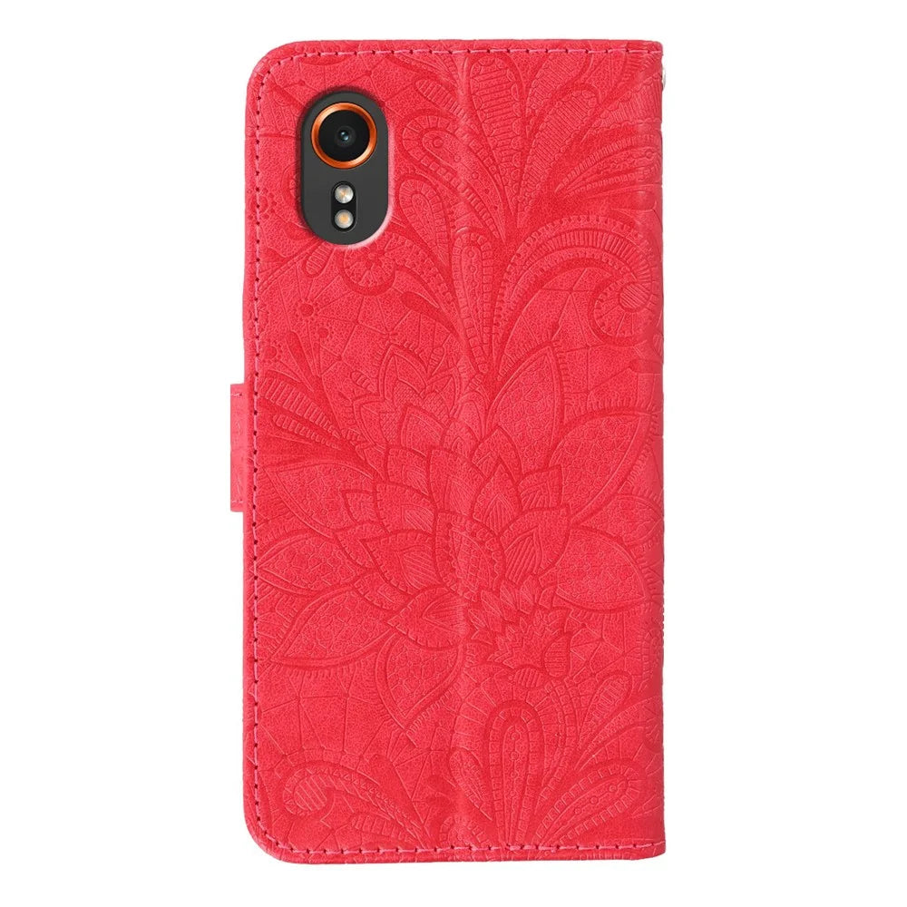 For Samsung Galaxy Xcover7 Case Lace Flowers PU Leather Flip Wallet Phone Cover - Red - 5