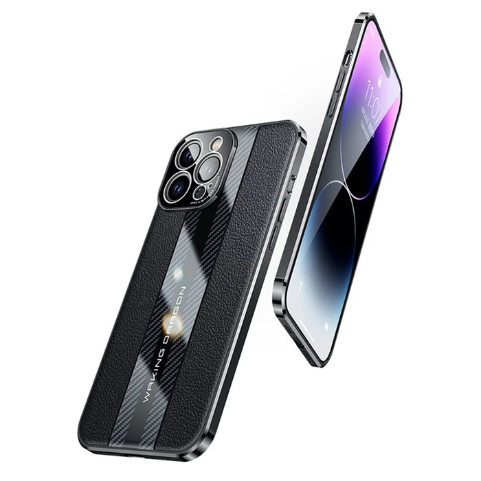 For iPhone 14 Pro Genuine Leather Coated TPU Phone Case Carbon Fiber Texture Camera Protection Anti-Fall Electroplating Cover - Black - 2
