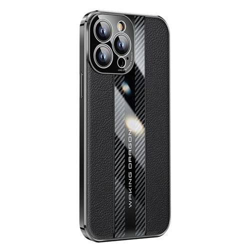 For iPhone 14 Pro Max Carbon Fiber Texture Electroplated Phone Case Genuine Leather Coated TPU Drop Protection Cover - Black - 1