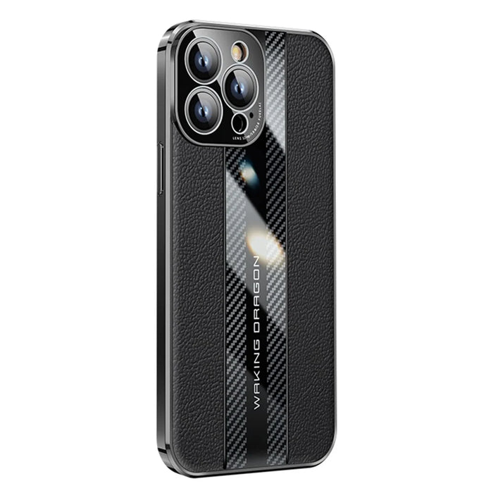 For iPhone 14 Pro Max Carbon Fiber Texture Electroplated Phone Case Genuine Leather Coated TPU Drop Protection Cover - Black - 1
