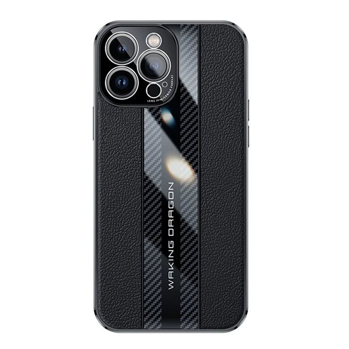 For iPhone 14 Pro Max Carbon Fiber Texture Electroplated Phone Case Genuine Leather Coated TPU Drop Protection Cover - Black - 3