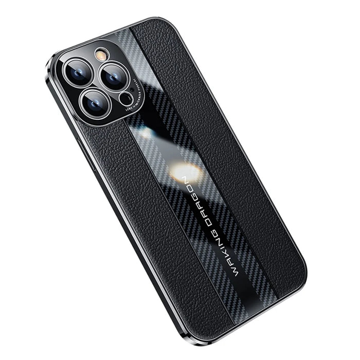 For iPhone 14 Pro Max Carbon Fiber Texture Electroplated Phone Case Genuine Leather Coated TPU Drop Protection Cover - Black - 4
