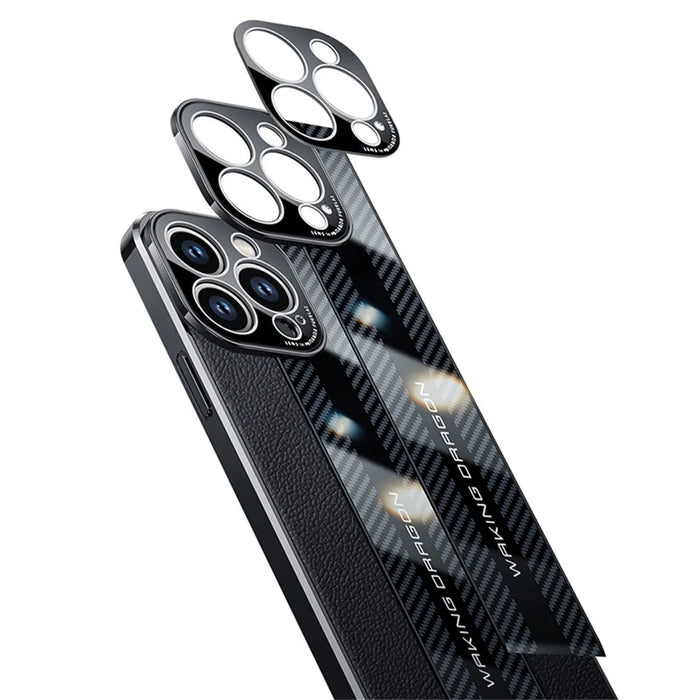 For iPhone 14 Pro Max Carbon Fiber Texture Electroplated Phone Case Genuine Leather Coated TPU Drop Protection Cover - Black - 5