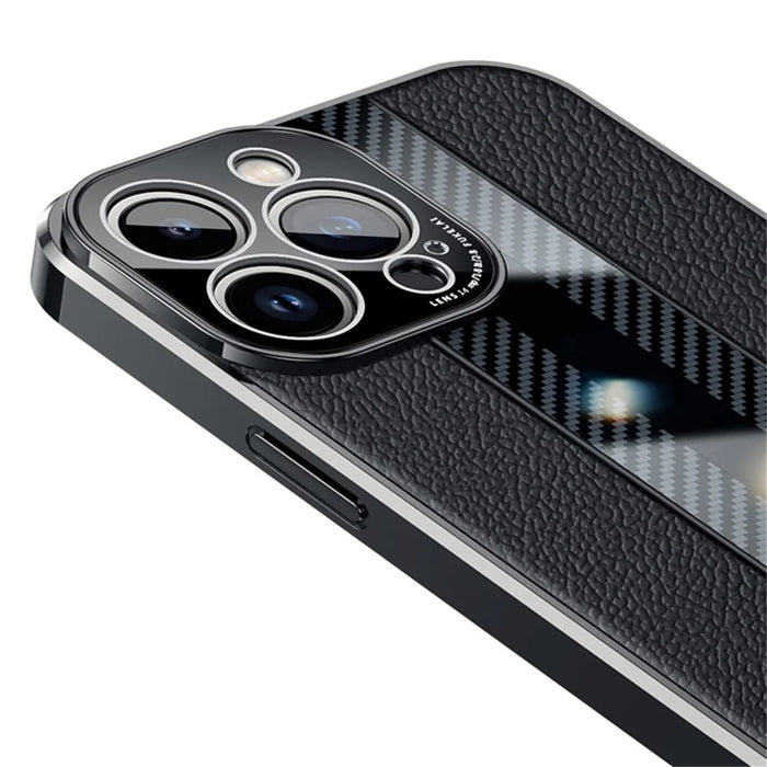 For iPhone 14 Pro Max Carbon Fiber Texture Electroplated Phone Case Genuine Leather Coated TPU Drop Protection Cover - Black - 6