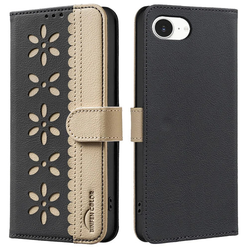 BINFEN COLOR BF36 For iPhone 17e / 16e Leather Case Floral Pattern Phone Cover RFID Blocking Wallet Stand - Black - 1