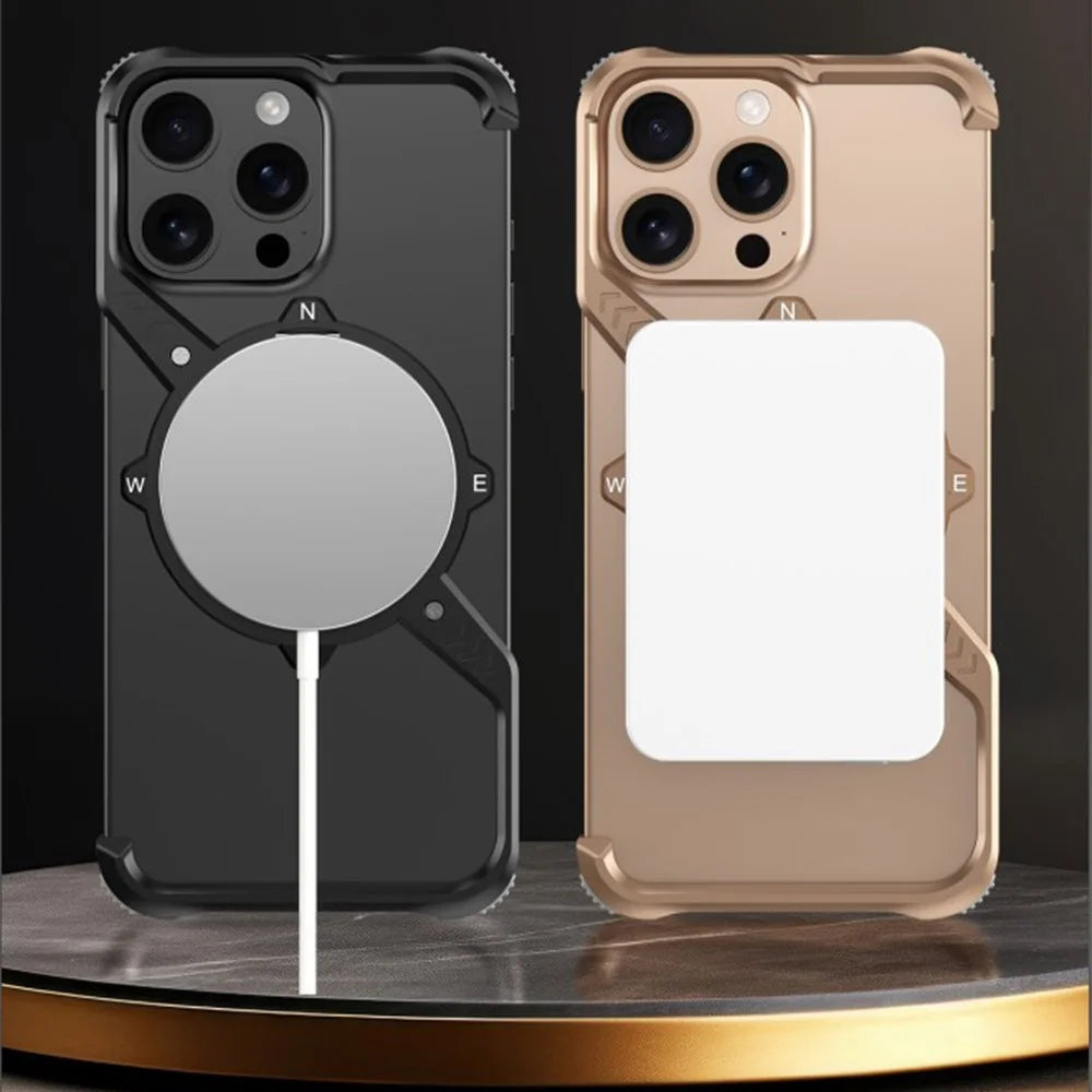 For iPhone 16 Pro Max Magnetic Case with Kickstand Four Corner Airbag Heat Dissipation Metal Phone Cover - Desert Gold - 3