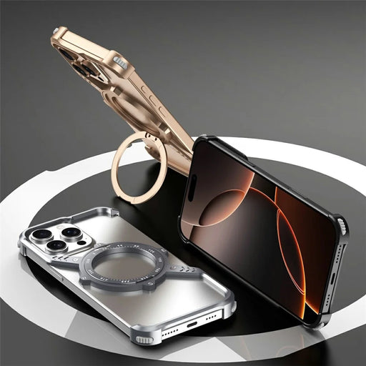 For iPhone 16 Pro Magnetic Case with Kickstand Four Corner Airbag Heat Dissipation Metal Phone Cover - Desert Gold - 2