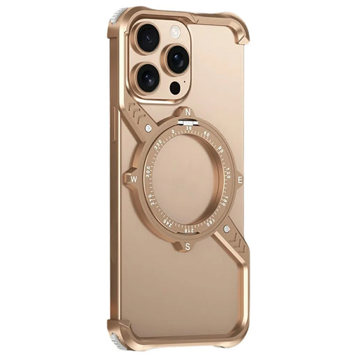 For iPhone 15 Pro Magnetic Case with Kickstand Four Corner Airbag Heat Dissipation Metal Phone Cover - Desert Gold - 1