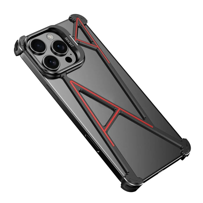 For iPhone 15 Pro Bumper Case Four Corner Airbag Kickstand Boardless A-Shape Metal Phone Cover - Black - 1