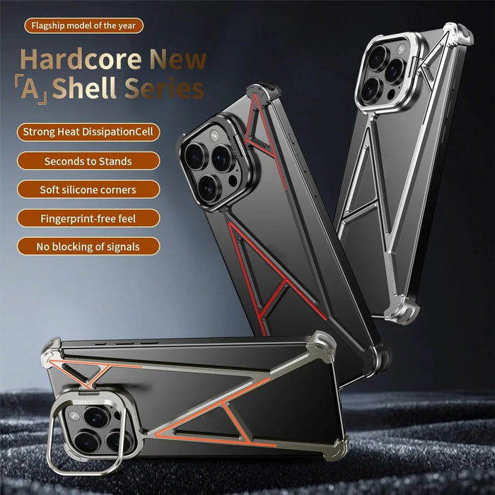 For iPhone 15 Pro Bumper Case Four Corner Airbag Kickstand Boardless A-Shape Metal Phone Cover - Black - 2