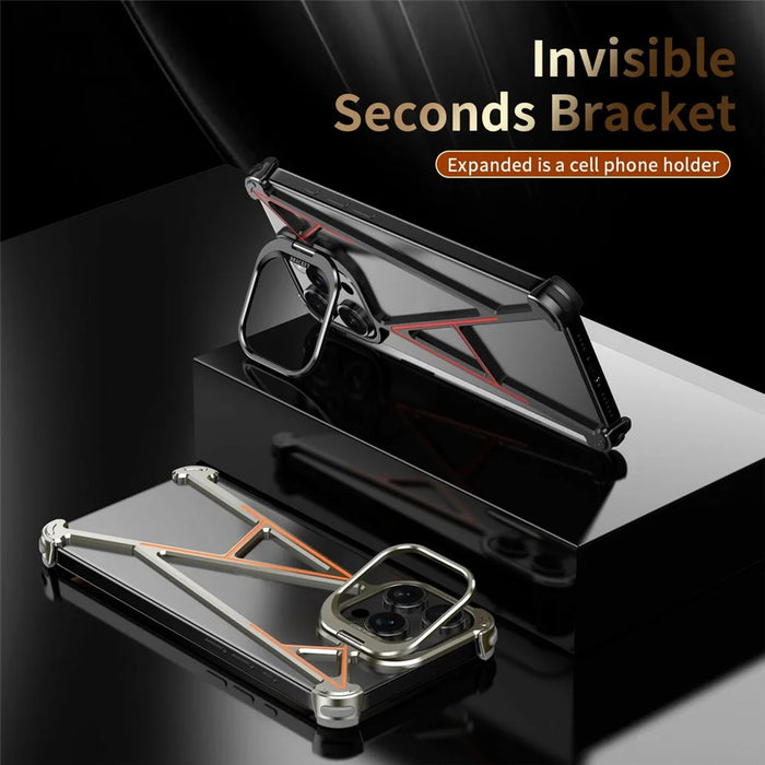 For iPhone 15 Pro Bumper Case Four Corner Airbag Kickstand Boardless A-Shape Metal Phone Cover - Black - 5