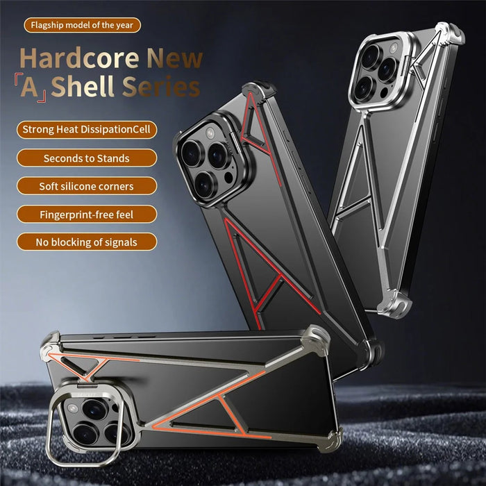 For iPhone 14 Pro Max Bumper Case Four Corner Airbag Kickstand Boardless A-Shape Metal Phone Cover - Black - 3