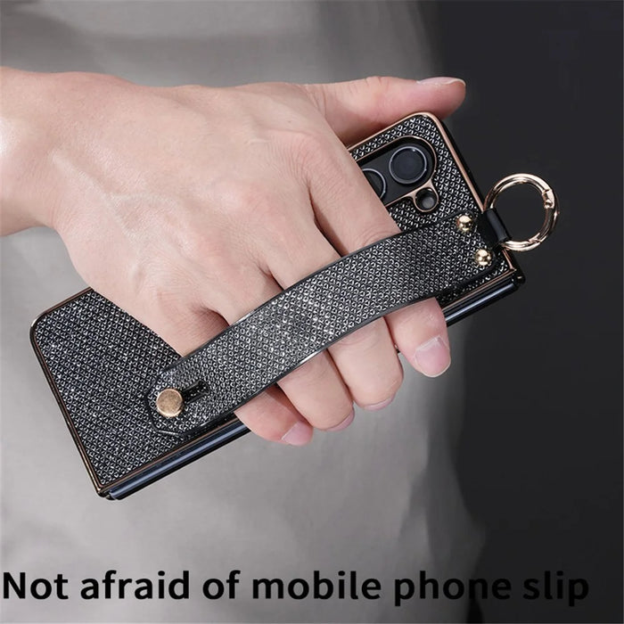 For Samsung Galaxy Z Fold5 5G Case Electroplating Glitter PC Phone Cover with Screen Film Strap Kickstand Ring Holder - Black - 4