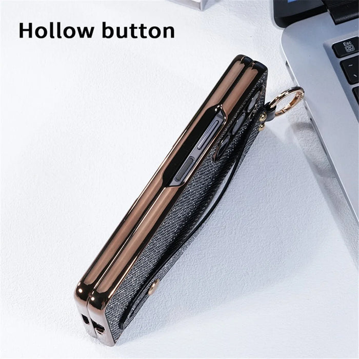 For Samsung Galaxy Z Fold5 5G Case Electroplating Glitter PC Phone Cover with Screen Film Strap Kickstand Ring Holder - Black - 6