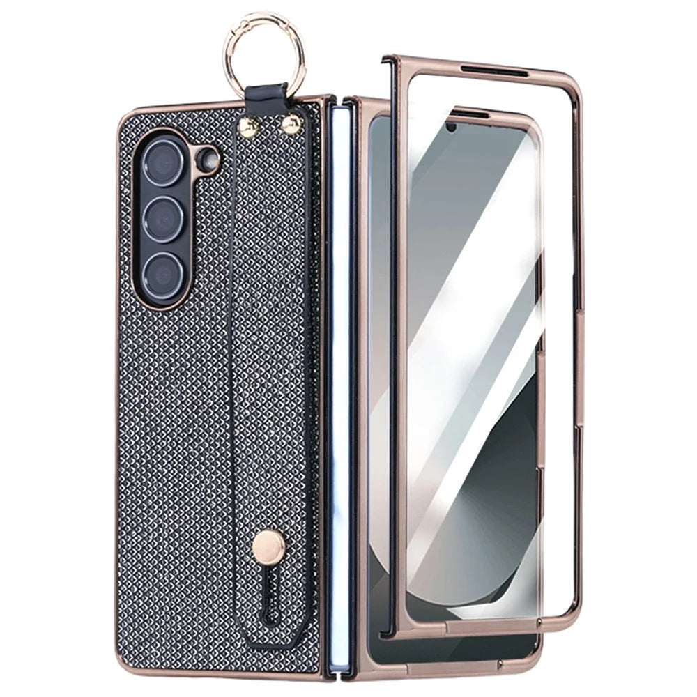 For Samsung Galaxy Z Fold6 5G Case Electroplating Glitter PC Phone Cover with Screen Film Strap Kickstand Ring Holder - Black - 1