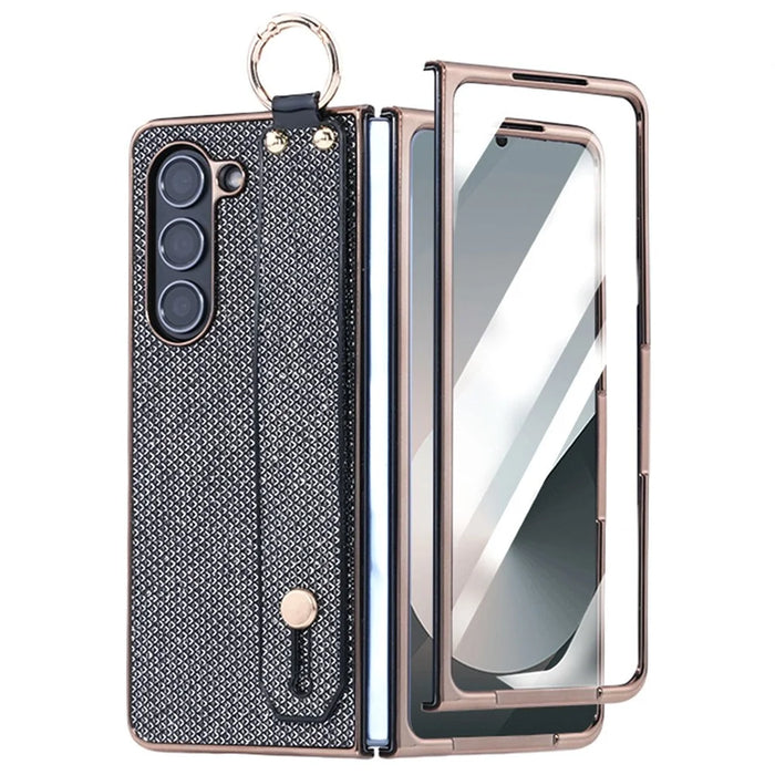 For Samsung Galaxy Z Fold6 5G Case Electroplating Glitter PC Phone Cover with Screen Film Strap Kickstand Ring Holder - Black - 1