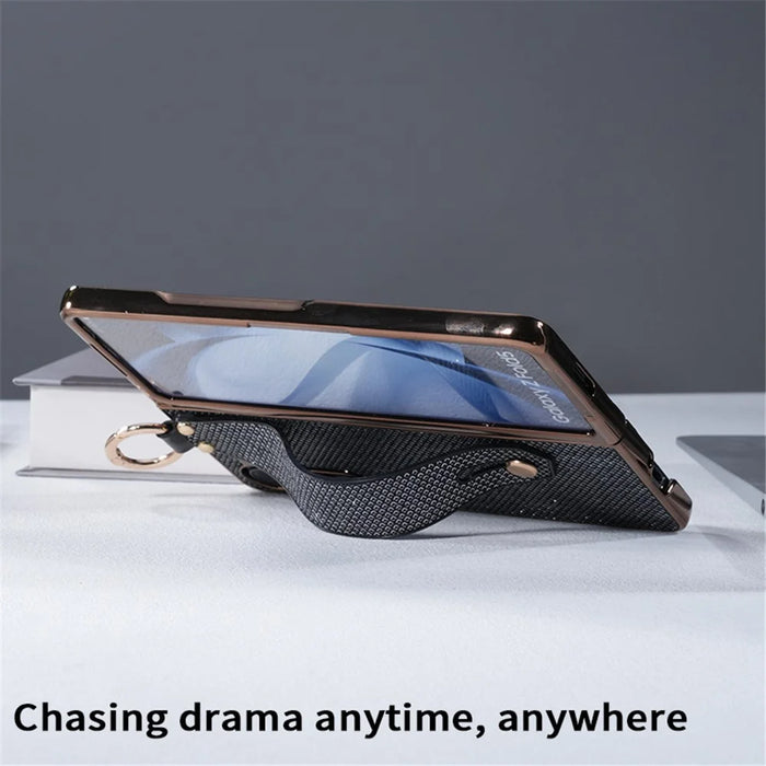 For Samsung Galaxy Z Fold6 5G Case Electroplating Glitter PC Phone Cover with Screen Film Strap Kickstand Ring Holder - Black - 2